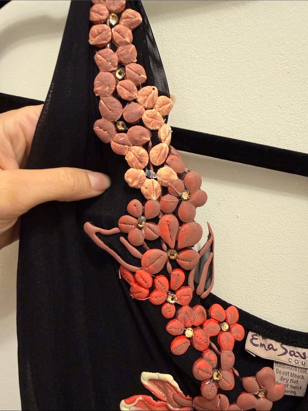 Ema Savahl Vintage Black Pink Floral Applique Mesh Dress - Picture 4 of 7